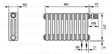 Схема (чертеж) Радиатор Zehnder Charleston 3037/10 №V002 Белый глянцевый RAL 9016